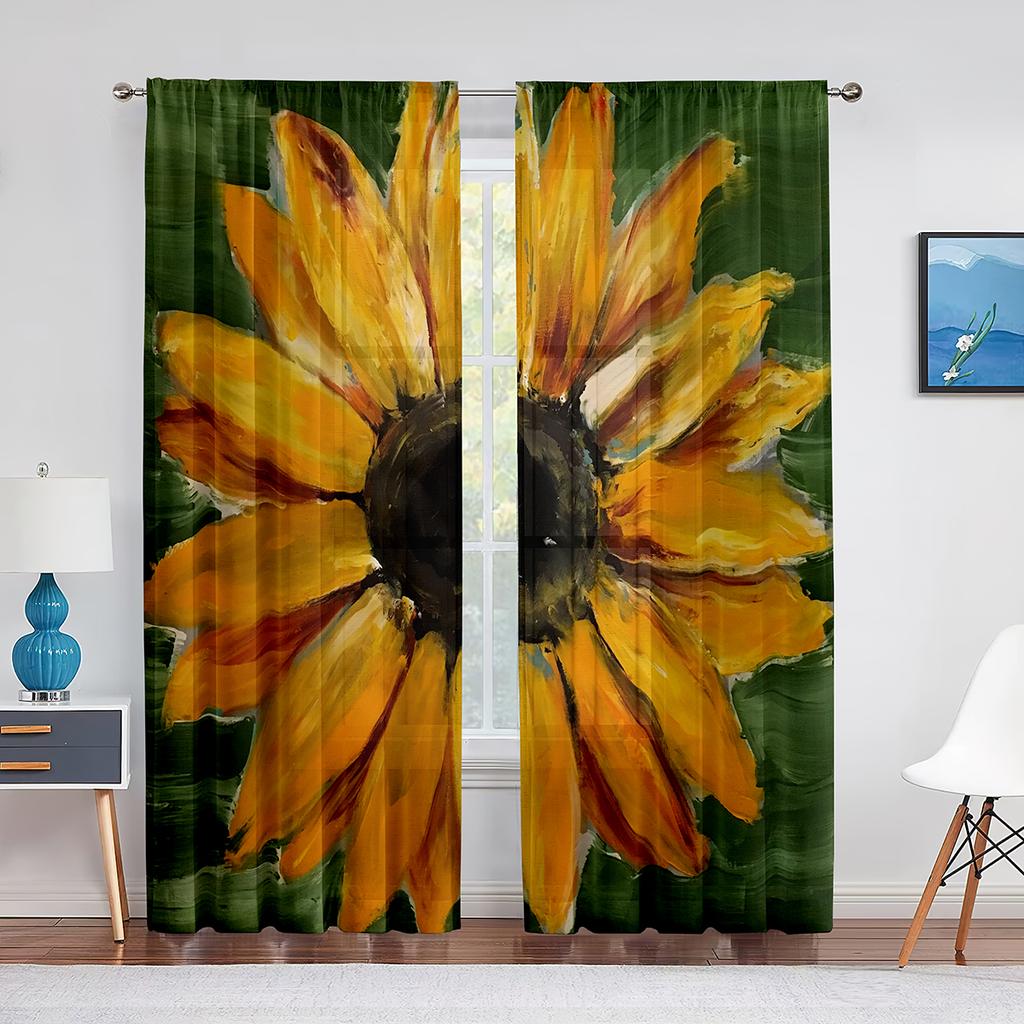 Sonnenblume Transparenter Voile Vorhang Ölgemälde Kunst Thema Bedruckte Chiffon Tüll Vorhänge für Wohnzimmer Schlafzimmer Küchendekoration