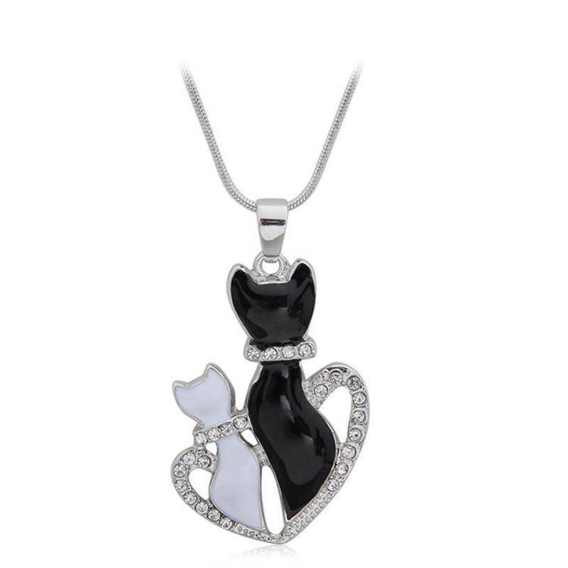 Elegant Black and White Cat Pendant Heart Necklace with Rhinestones
