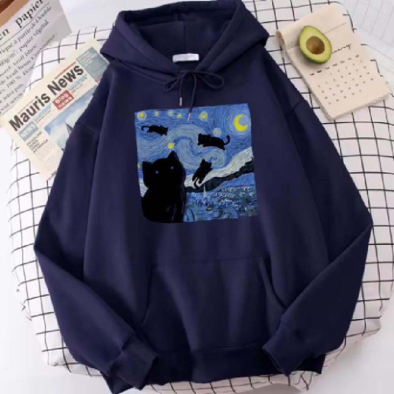 

The Starry Cat Night Printing Hoodies Men Autumn Oversize Hoodie Fashion Fleece Sweatshirts Casual XS-5XL Pullover Tops 3XL