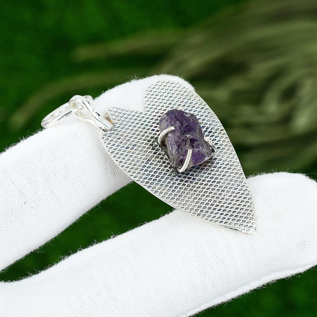 Pentagon Natural Amethyst Rough Daughter Ethnic Pendant Jewelry Sterling Silver