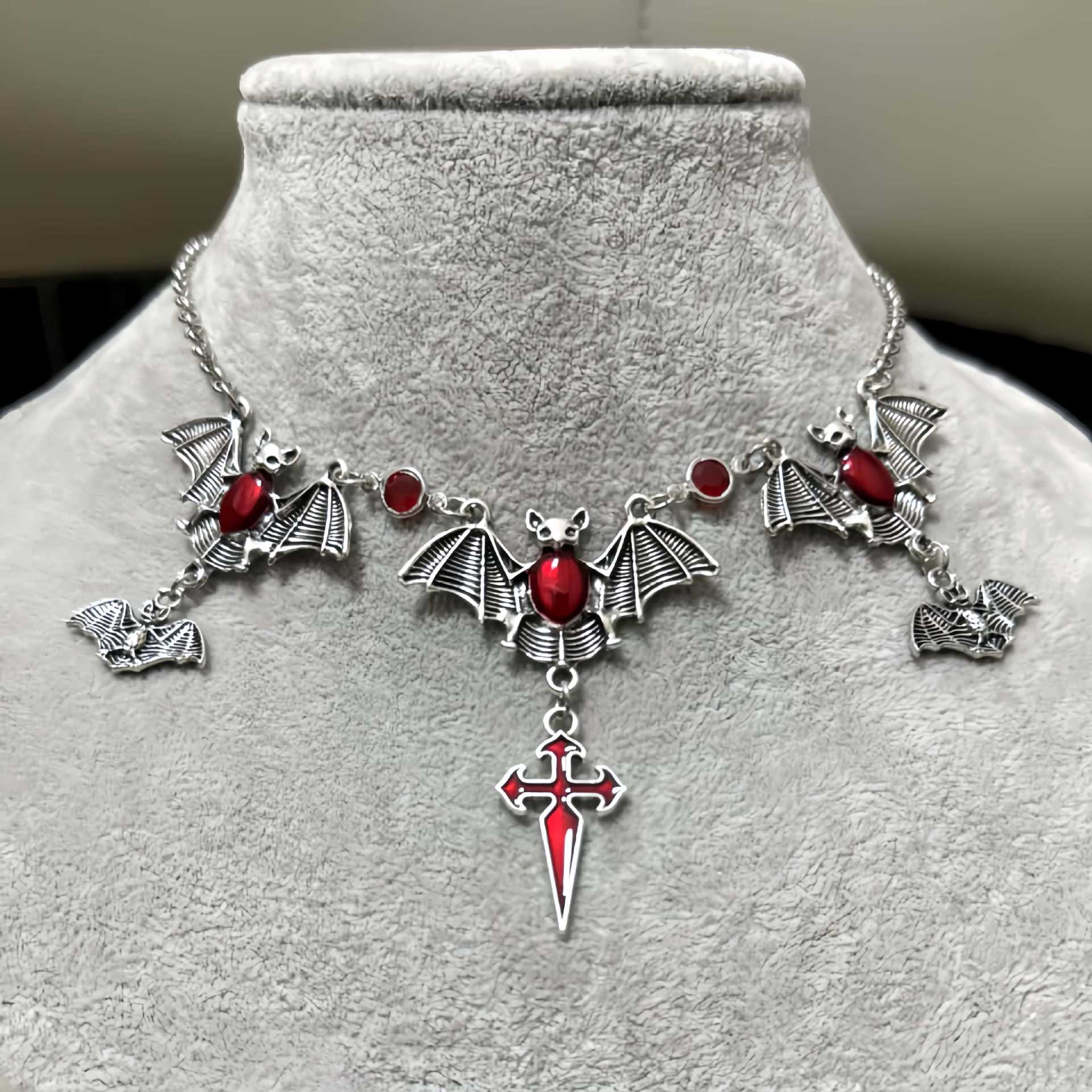 

Retro Exaggerated Vampire Bat Cross Tassel Red Glazed Sacred Heart Pendant Necklace for Women Goth Halloween Party Charm Jewelry
