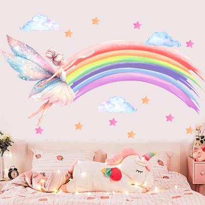 Cartoon Elf Girl Rainbow Wall Sticker Girls Room Cloud Elf Wall Sticker Children'S Bedroom Decor