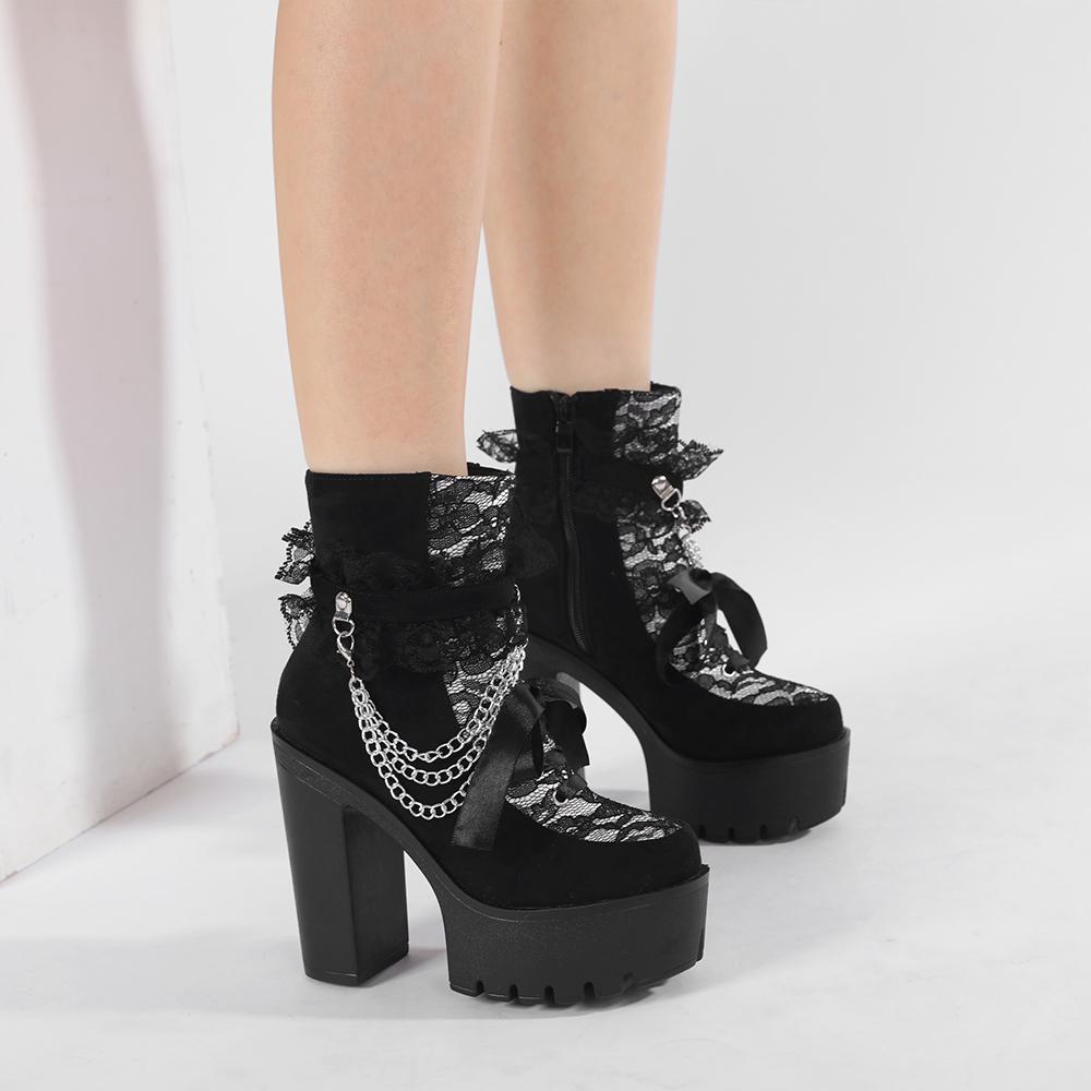 Gdgydh Gothic Vintage Lace Ankle Boots for Women Floral Pattern Chunky Heel Platform Boots with Chain Dress Outdoor