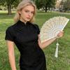 Retro Style Fan Wing Chun Dance Fan 45cm Unfolding Width Fan with Weighted Tassels Stable Rotation Stage Performance Fan