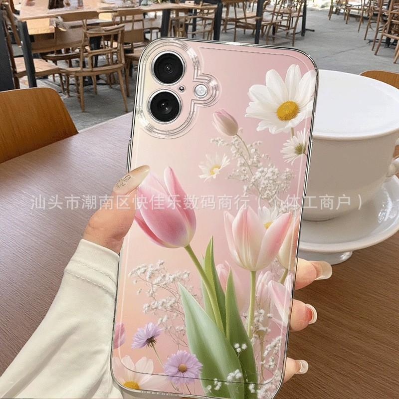 Pink Tulip Transparent iPhone15/14Promax Mobile Phone Case 11/12/13 All-inclusive Anti-drop 16/17PM