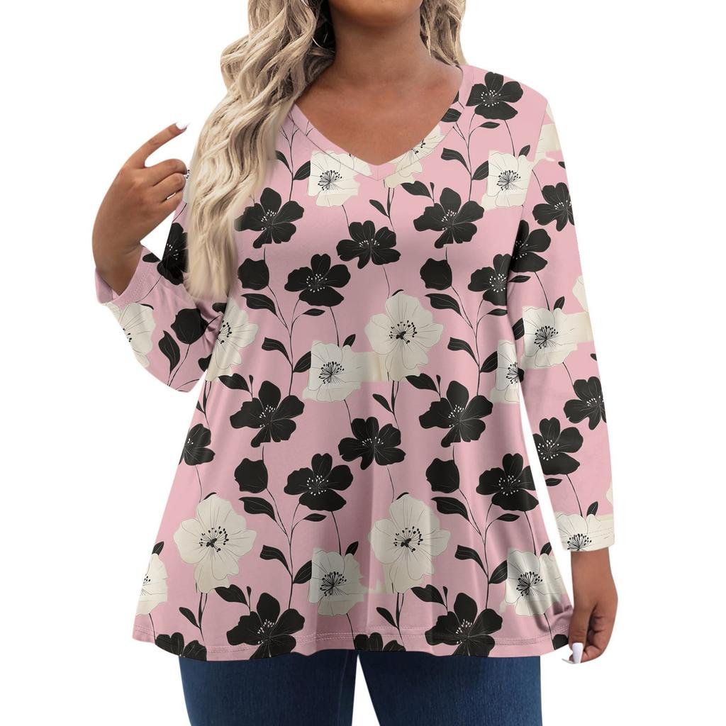 Women's Fashionable Casual Long Sleeved Plus Size Floral Print Top Plus Size Floral Print Top
