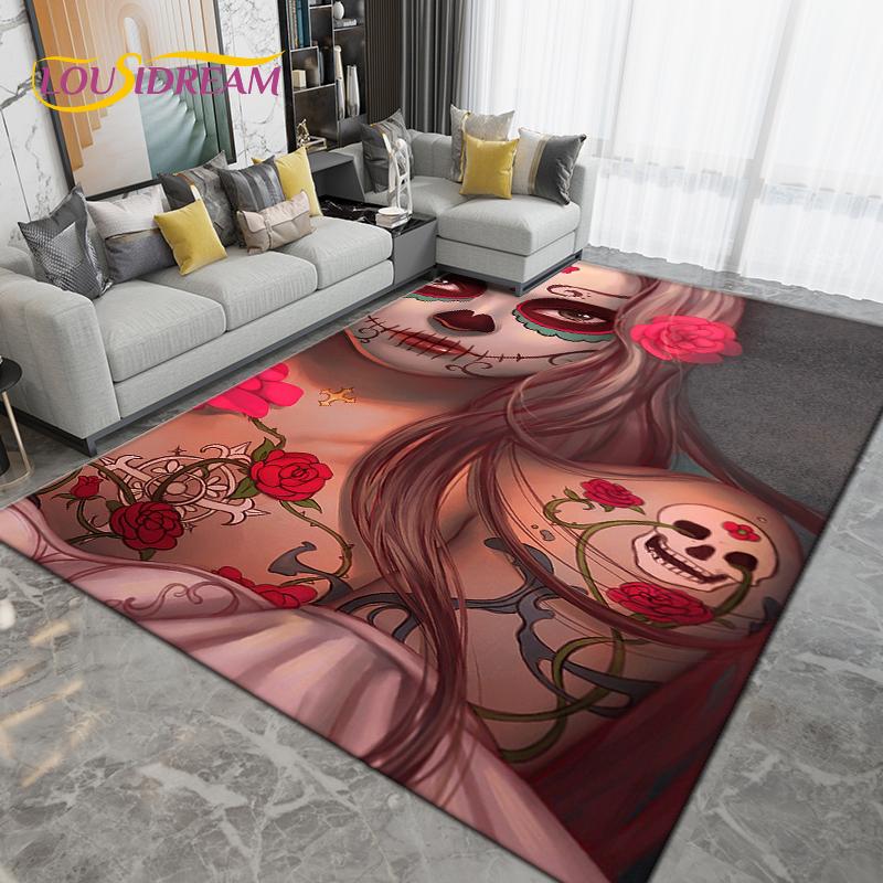 Cartoon Skull Girl Area Rug Large,Carpet Rug for Living Room Bedroom Sofa Decoration,Doormat Kitchen Bathroom Non-slip Floor Mat
