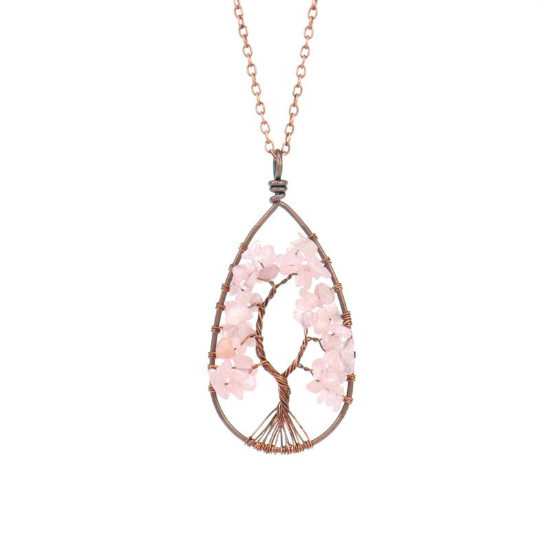 

Ancient Red Copper Winding Natural Stone Crystal Water Drop Shaped Tree Of Life Necklace Colorful Stone Pendant N29 all natural рожевий кварц кольору