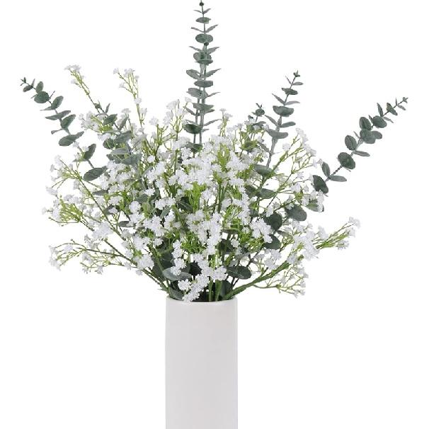 DEEMEI 18pcs Babys Breath Artificial Flowers Fake Eucalyptus Leaves Flowers Bouquet Artificial White Gypsophila Bouquets Real Touch Faux Flowers for
