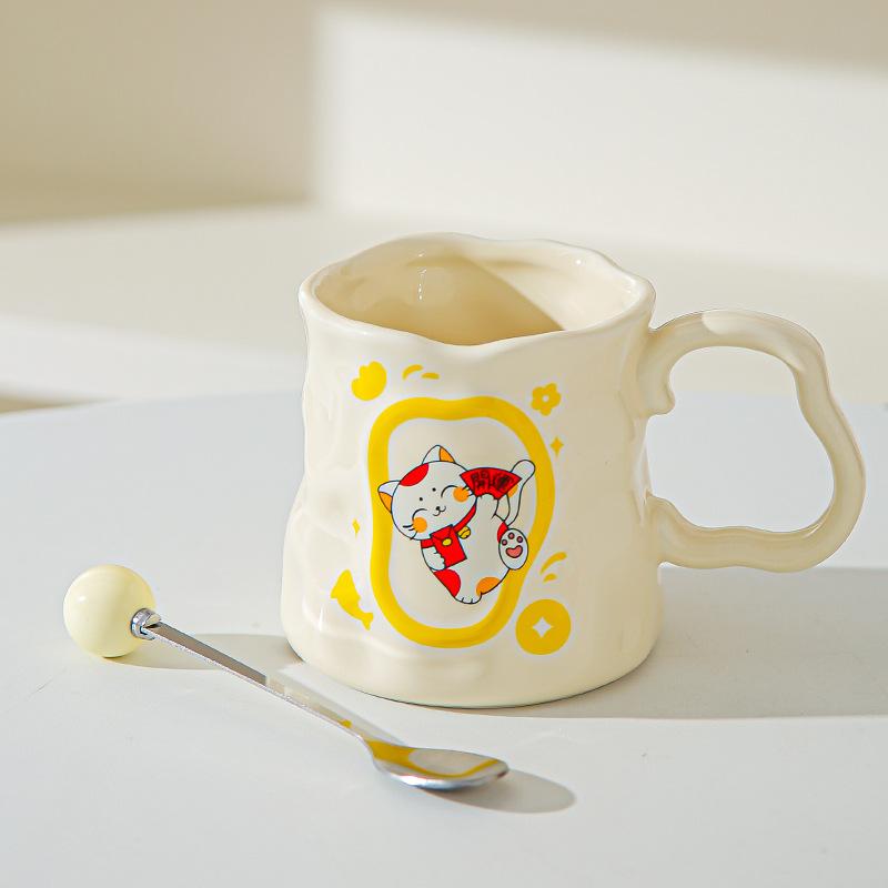 Cupa Ceramică Pisică Norocoasă Desen Animat Cupă Iregulară cu Aspect Înalt Cupă Creativă pentru Lapte/Mic Dejun Suvenir de Deschidere