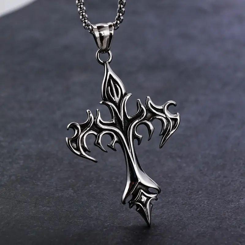 Flame Cross Pendant Sweater Chain, Men's Statement Necklace for T-shirts