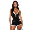 New European & American Fashion Black & White Color Block V-Neck Halter Backless Tie-Up Super Short Women's Jumpsuit