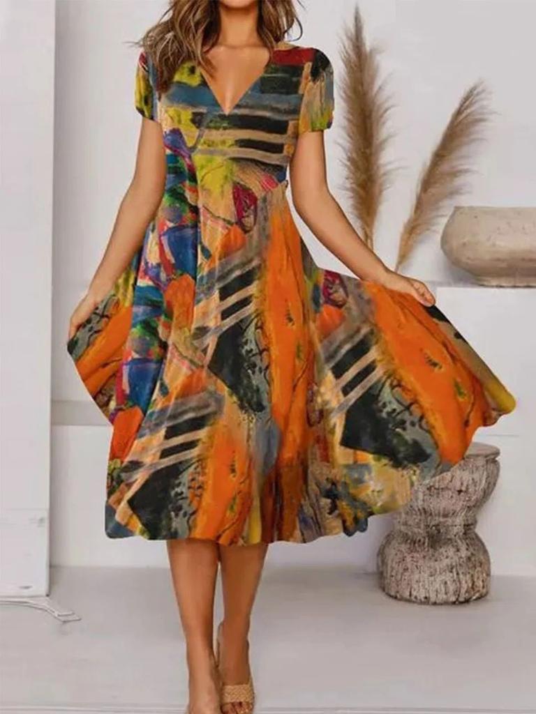 Long dress casual V-neck pendulum bohemian short-sleeved dress