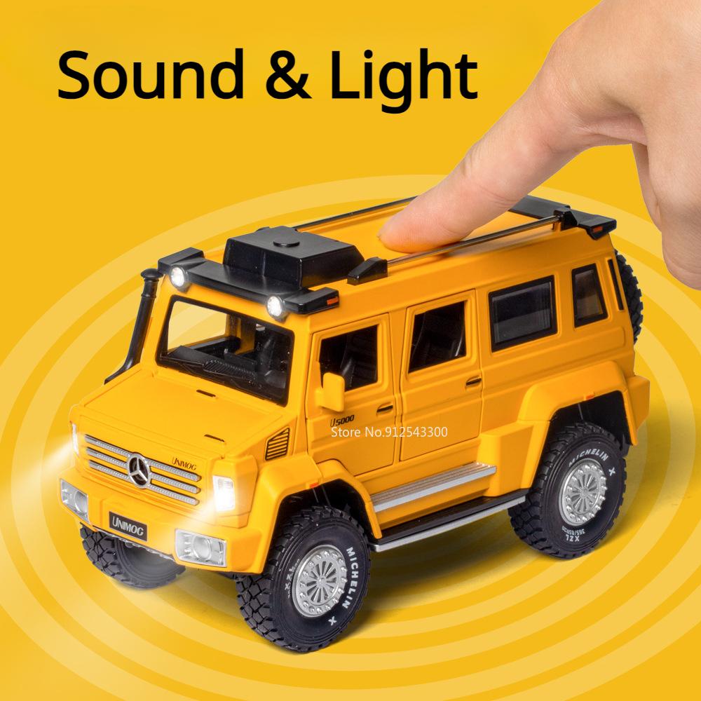 1:28 UNIMOG U5000 Defender Car Model Toy Metal Body Sound Light Doors Opened Off Road Vehicle Toys Collection for Birthday Gifts