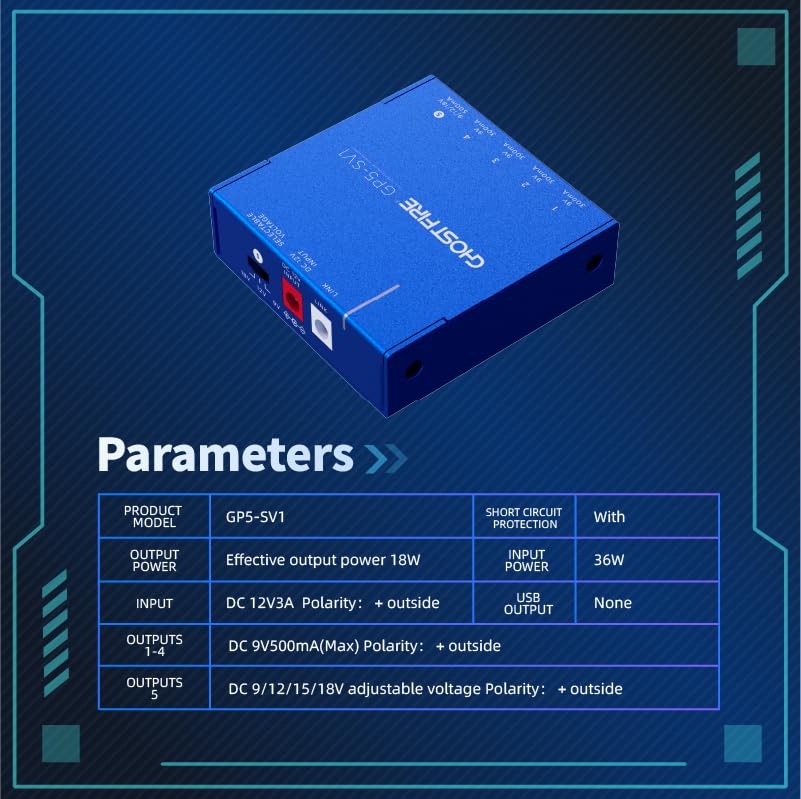 GHOSTFIRE Effector Power Supply 5 Channel Fully Isolated Power Supply Short Circuit Protection DC Adjustable Low Noise with Cable for Guitar Effector