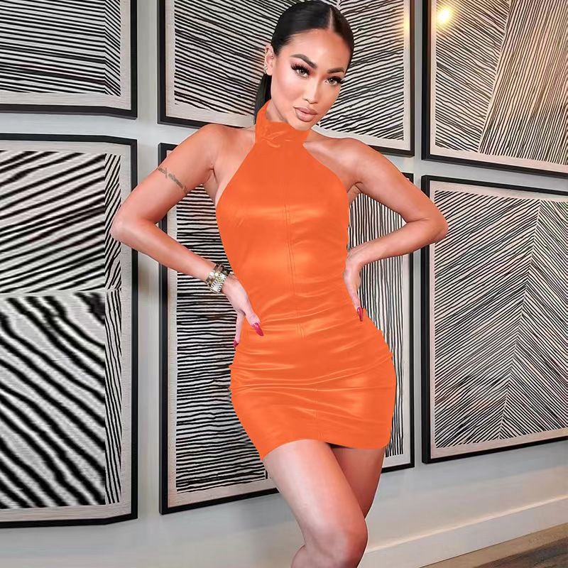 

Fashion New Arrival Stand Collar Sleeveless Waist Sheath Sexy Backless Dress Sexy Backless PU Dress Orange Red M