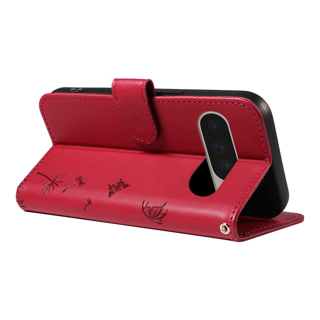 Skórzane etui portfelowe na Google Pixel 9 Pro/Google Pixel 10/Google Pixel 10 Pro/Google Pixel 9 ze smyczą, nadrukiem dmuchawca i funkcją podstawki