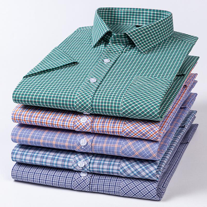 Men's Summer Plaid Cotton Short Sleeve Shirt - Breathable & Sweat-Absorbing