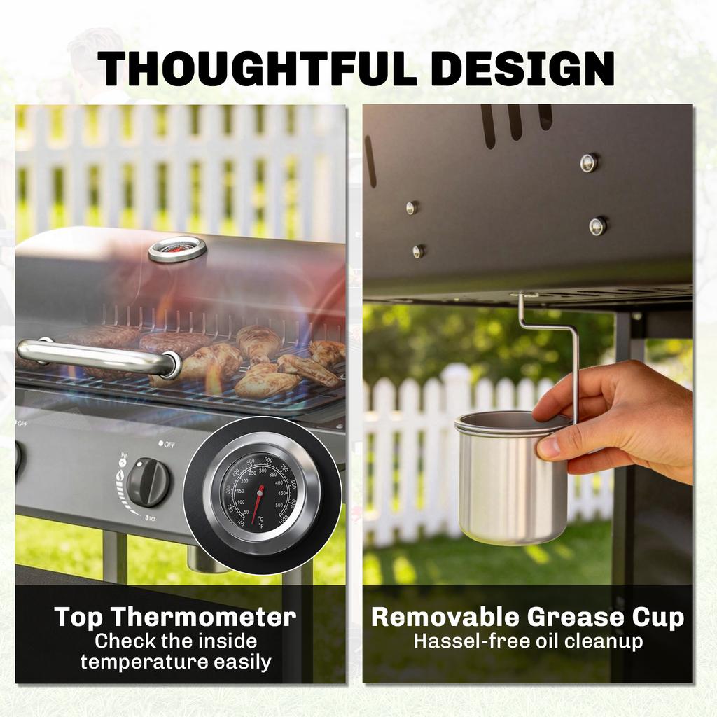 Gas Burner Barbecue Grill, 2 Burner Gas Grill with Side Tables, Warming Rack, Shelf, Thermometer, Grease Tray, Black
