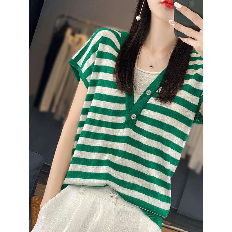 V-neck Striped Color Matching Thin Short-sleeved Womens Summer Latest Relaxed Fit and Thin Pullover Short-sleeved M