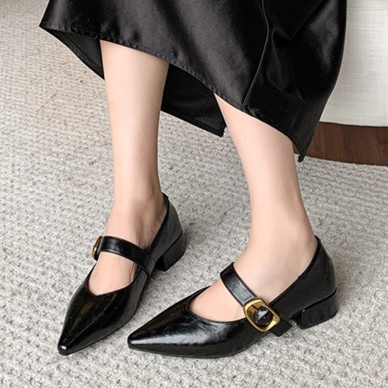 Mode Nya Damskor med Spetsig Tå, Enkla Skor med Mellanhög Klack och Grund Spänne, Fyrkantig Klack, Höga Klackar, Mode Båtskor, Zapatos Mujer