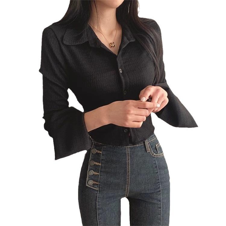 European and American Slim Fit Flared Long Sleeve White Shirt - Women's Korean Style
