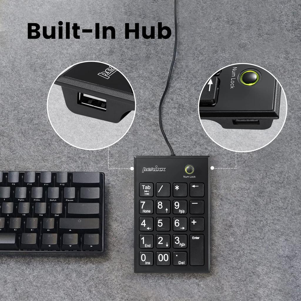 Perixx Numerisch groß 2 USB-Hubs enthalten Für diejenigen, die genügend USB-Anschlüsse haben Scherenmechanismus-Tastatur mit großer Tab-Taste und Nummernanzeige Garantie Schwarze Hubs