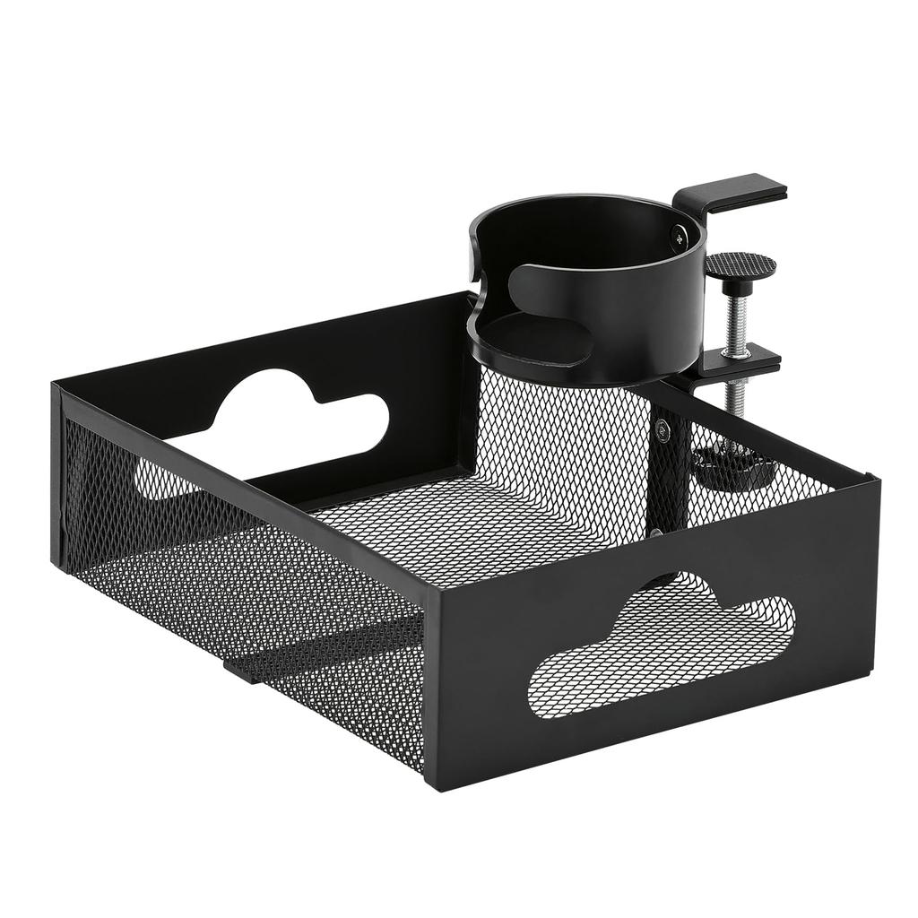 Andacar Under-Table Storage Rack, 360-Degree Rotation, with Drink Holder, Clamp-Type, No Drilling Required, Easy Installation, Cable Management, Cord