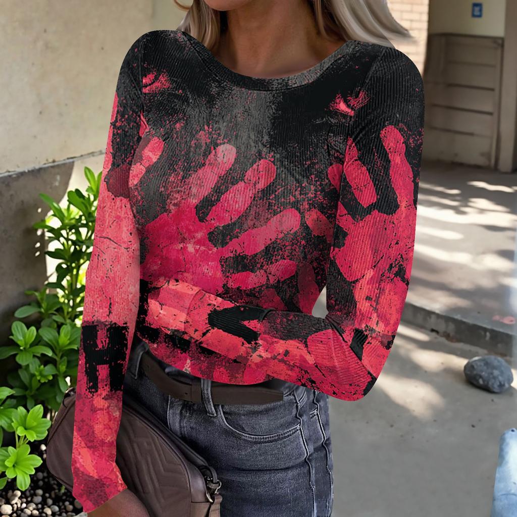 Women's Halloween Print Long Sleeve Neck Ribbed Top for Casual Fashion