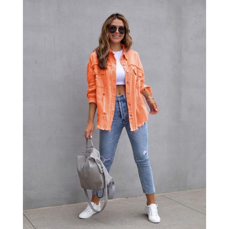 2026 Europäische und amerikanische süße Mode Spice Girls Sommer neue Revers Langarm Jeansjacke mit Löchern für Damen