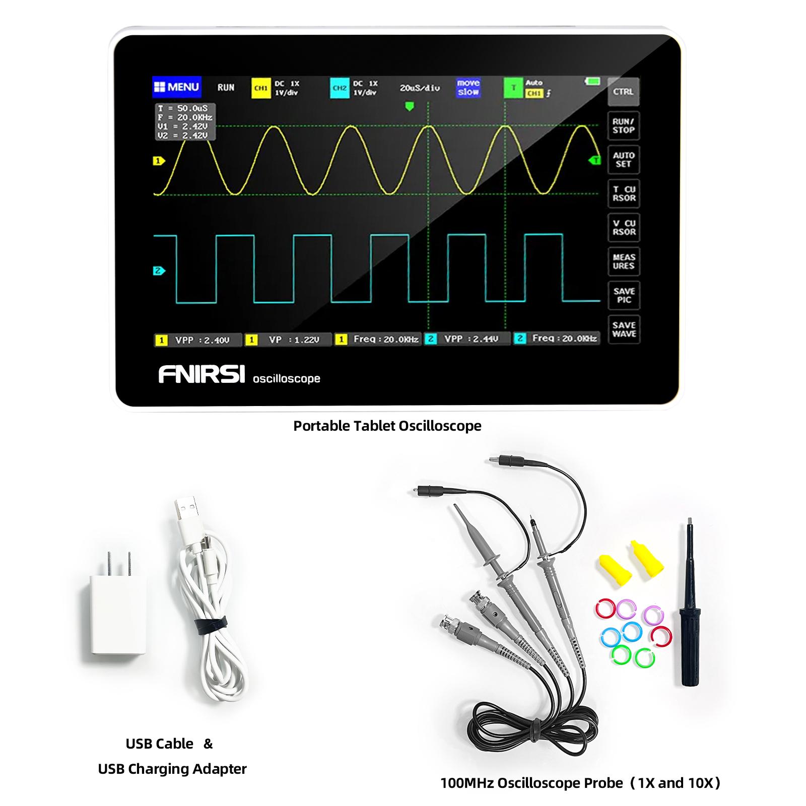 

Цифровий осцилограф із сенсорною панеллю, подвійний канал, пропускна здатність 100 МБ, вибірка 1 ГС, компактний портативний міні-планшет, цифровий осцилограф