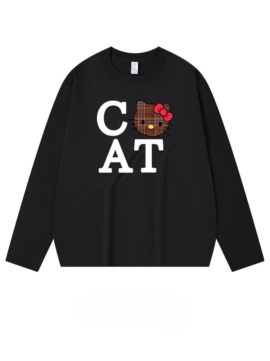 Women s Pure Cotton Long Sleeve Cat Print Loose Top - Spring/Autumn XXXL