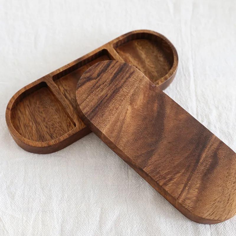 3-Grid Seasoning Dipping Dish, Wooden Saucer Appetizer Plate, Dry Fruits Nut Snack Dish Tray for Restaurant / Kitchen