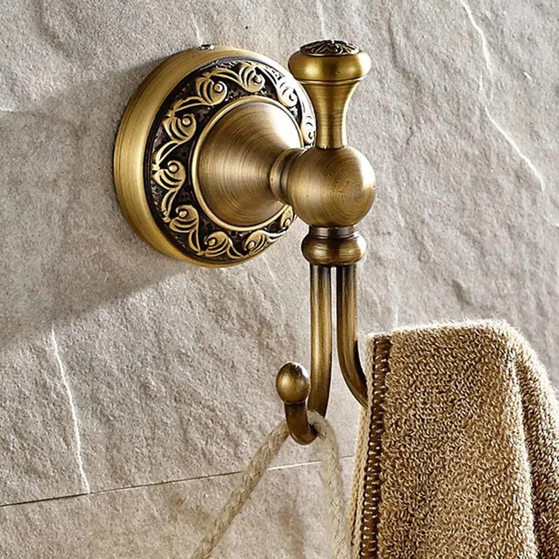 Bathroom Towel Holder, Wall Mounted Round Antique Brass Towel Ring Antique Hooks Double Hooks Bathroom Accessories