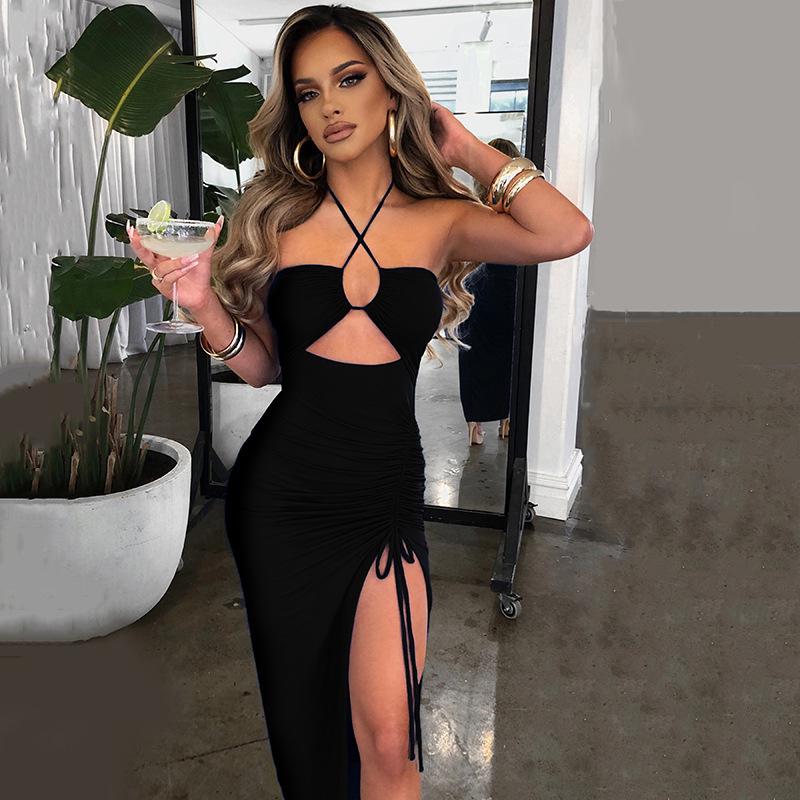 Spring Sexy High Slit Halter Neck Dress - European & American Style