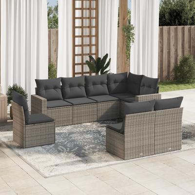 Vidaxl 8-Cz. Garden Furniture Set With Cushions, Grey, Poly Rattan