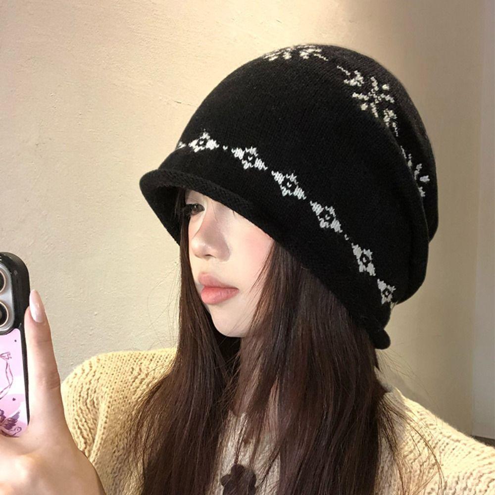 Warm Fair Isle Style Beanies Curled Edge Printing Knit Cap Retro Jacquard Knitted Hat Outdoor