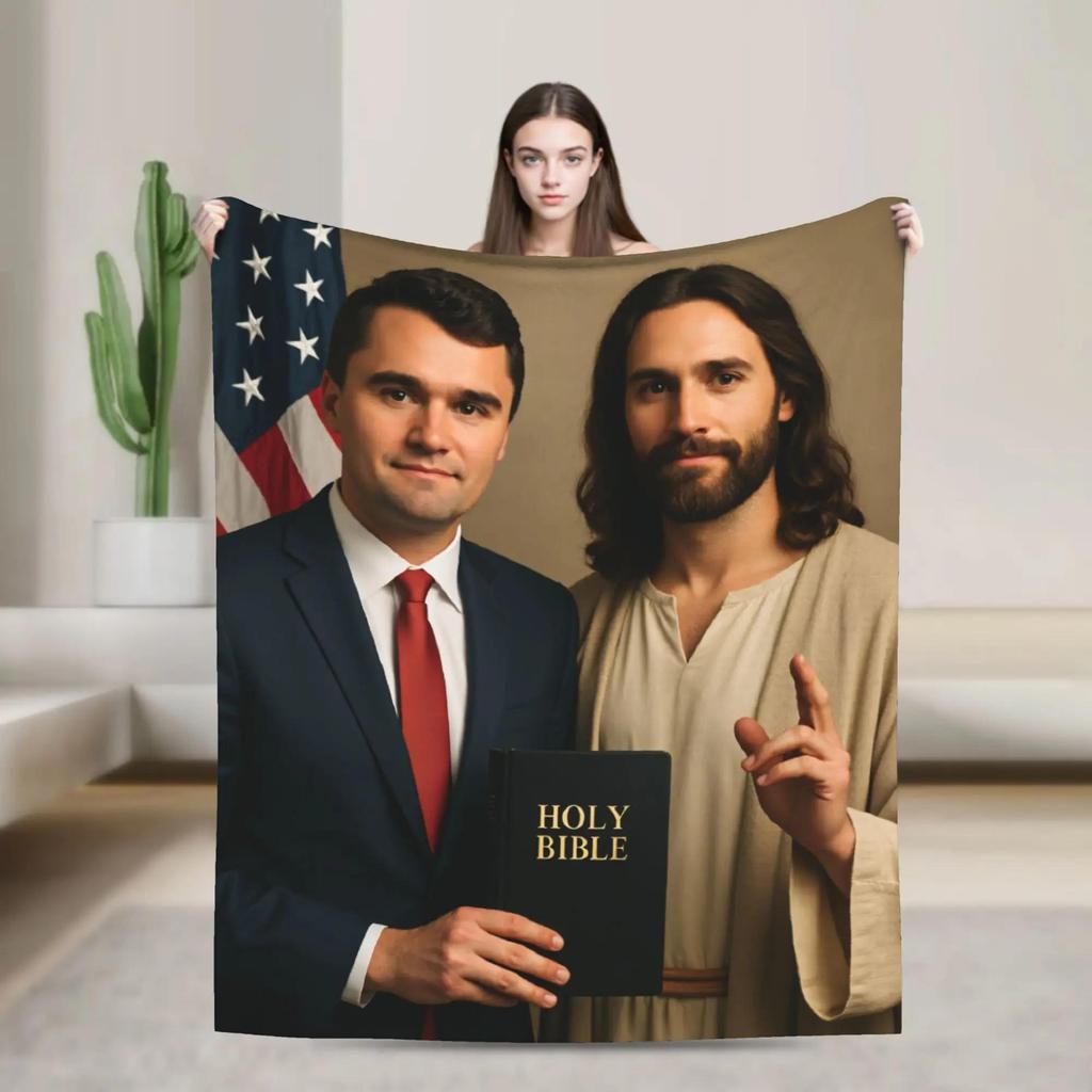 Charlie Kirk Angelic Advocate with Flag and Jesus  Soft Warm Plush Throw Blanket for Living Room Flannel Bedspread