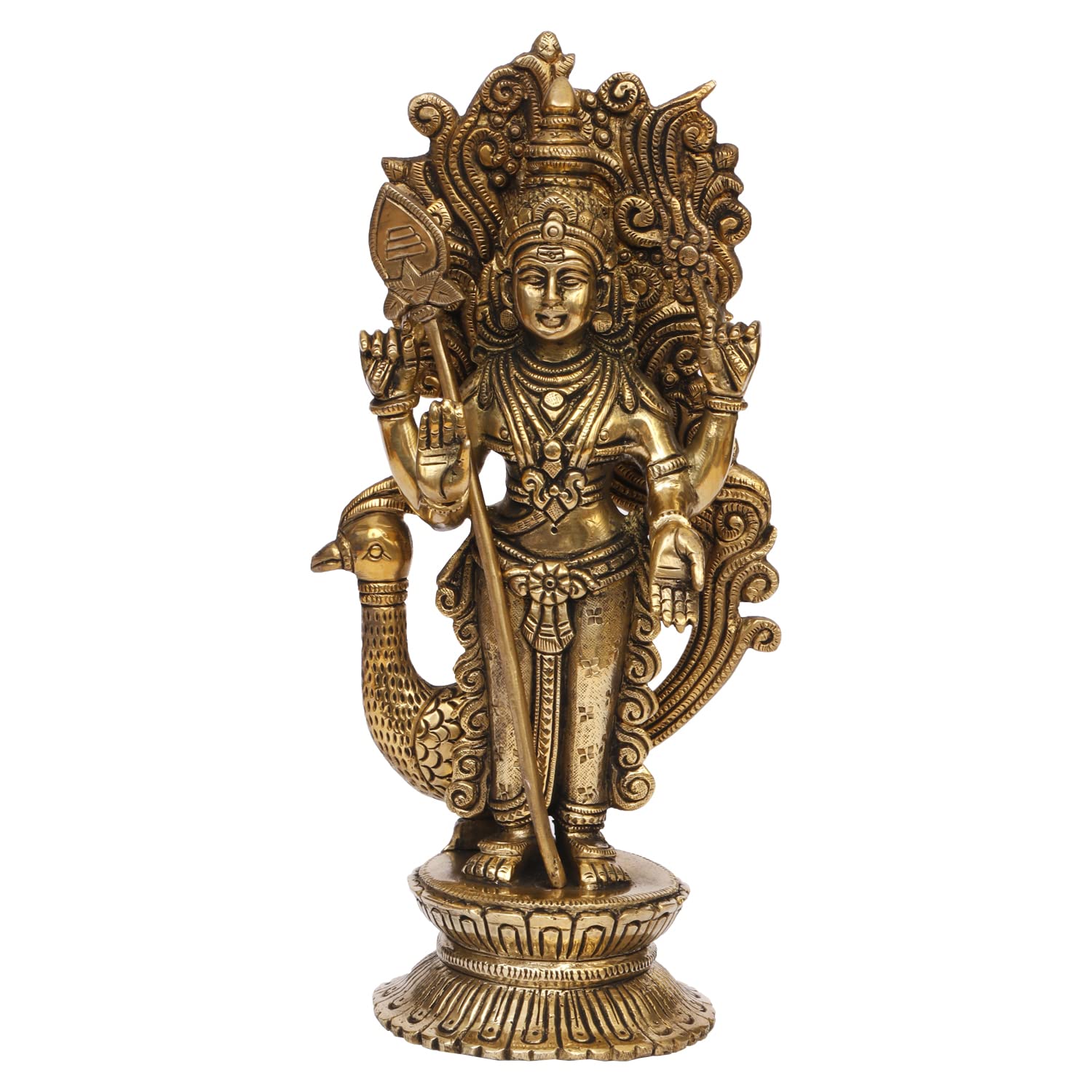 Pure Brass Idol Of Kartikeya Murugan Standing With Peacock, Gold - 9 Inch