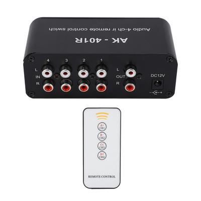 מתג אודיו 1 כניסת 4 יציאת DC 12V RCA בורר אותות מפצל אודיו עם שלט רחוק
