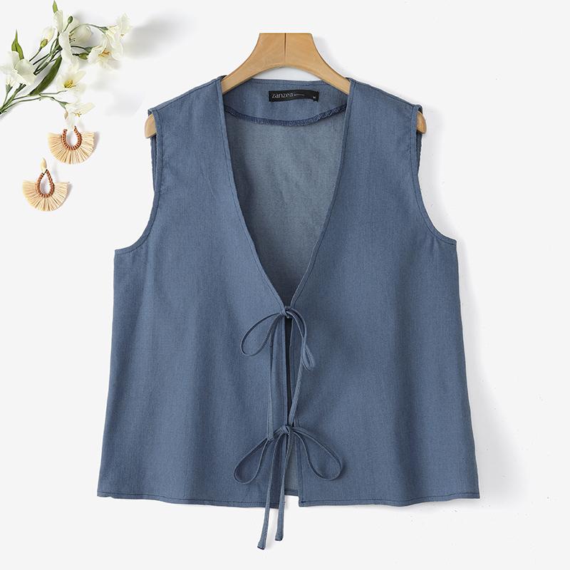 ZANZEA Women Summer Lace Up V-Neck Casual Sleeveless Vest Tops