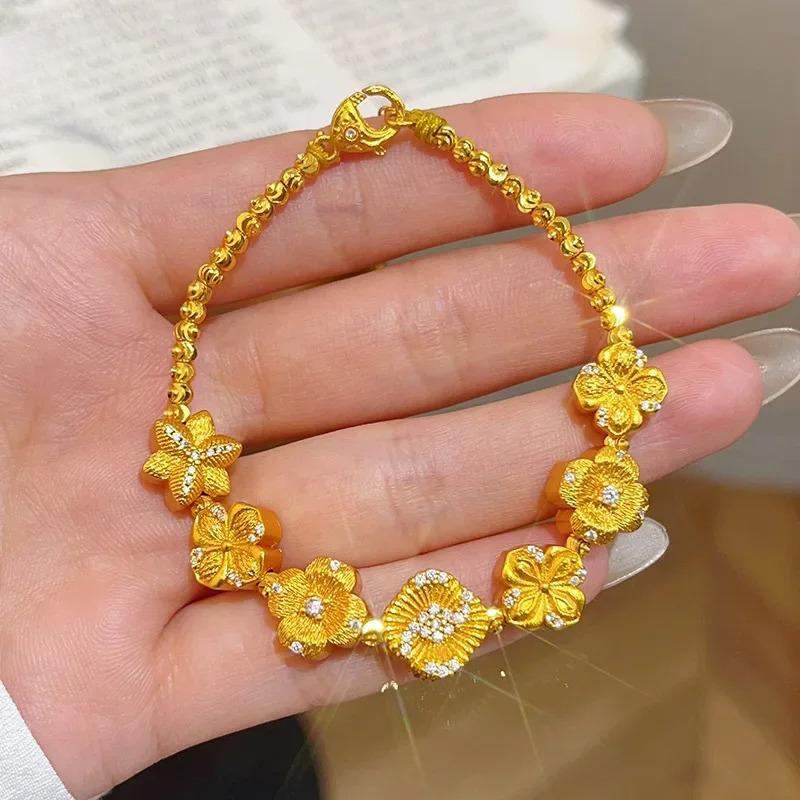 9999 24K Real Gold Dot Diamond Brushed Streamer Bead Bracelet with Flowers Blooming Flowers and Bracelets for Girlfriend