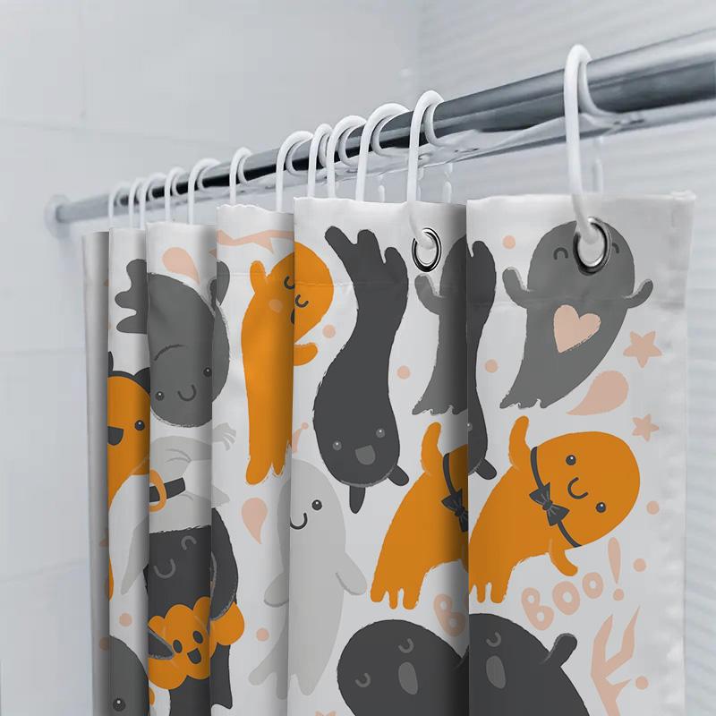 Halloween Ghost Bath Mat Decor, Horror Cartoon Printed Shower Curtain, Home Waterproof Bathroom Liner For Halloween Party Decora