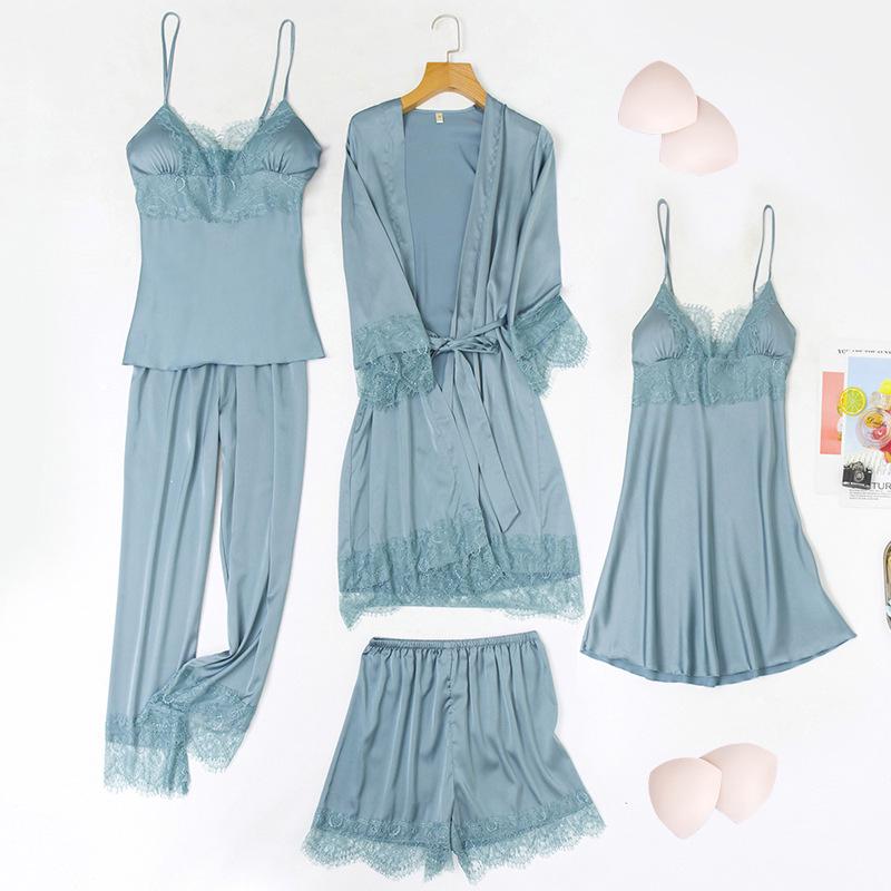 Yao Ting Satin Chiffon Five-Piece Pajama Set: Ice Silk, Casual, Sexy, with Chest Pads for Spring/Summer