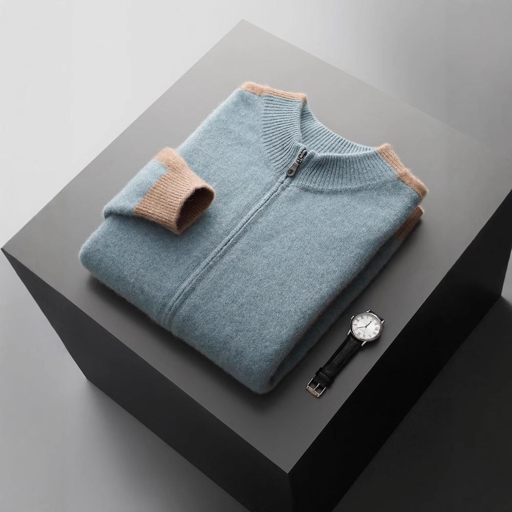 Men'S Half-Turtleneck 100% Pure Wool Thickened Cardigan, Commuter-Style Zip-Up Knit Cardigan, Loose Plus-Size Jacket