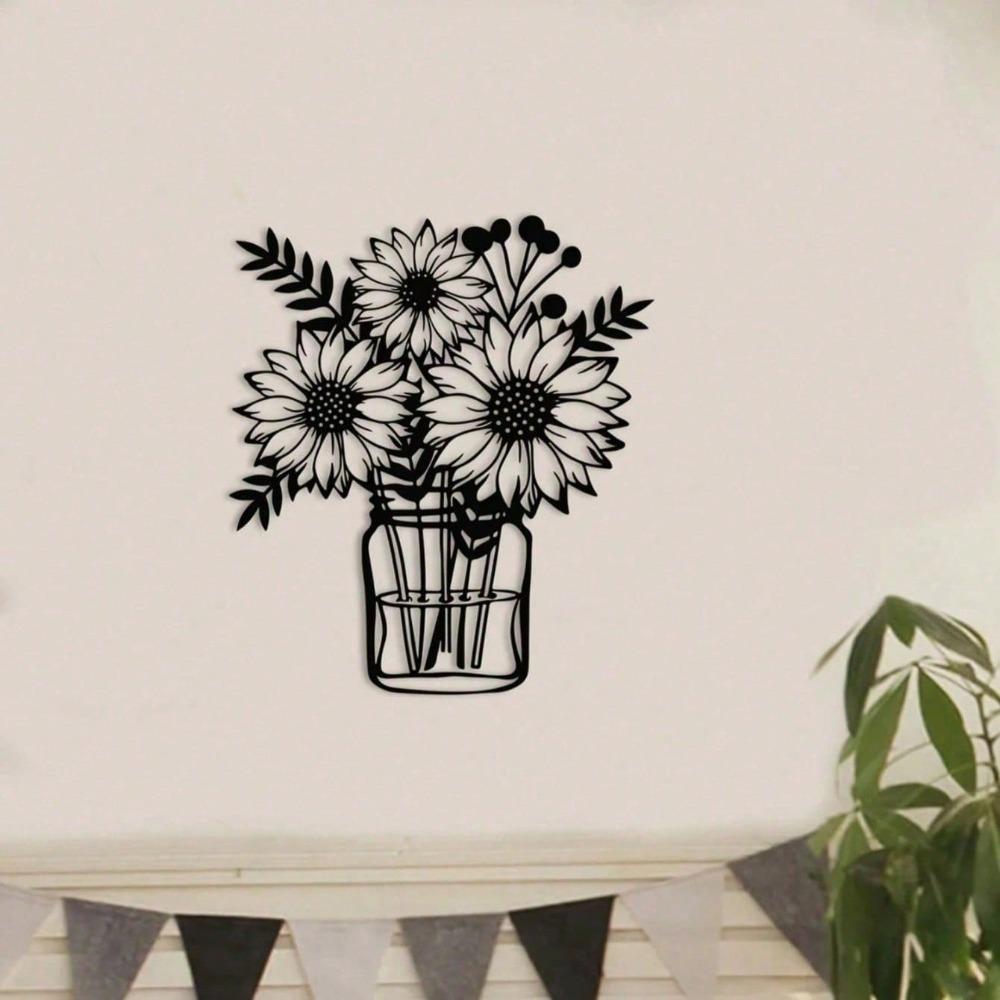 Modern Black Metal Sunflower Lily Wall Vase Set - 3D Floral Sculpture for Living Room, Kitchen Decor, Unique Housewarming Gift