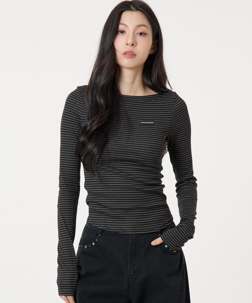 UNKNOWN PLANET Slim Striped Boat Neck Long Sleeve Top Black