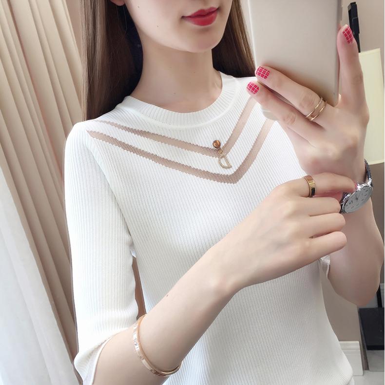 Ice Silk Knit Sweater Women Loose Crewneck T-shirt Half Sleeve Pullover Sweater Spring Summer Knitted Top