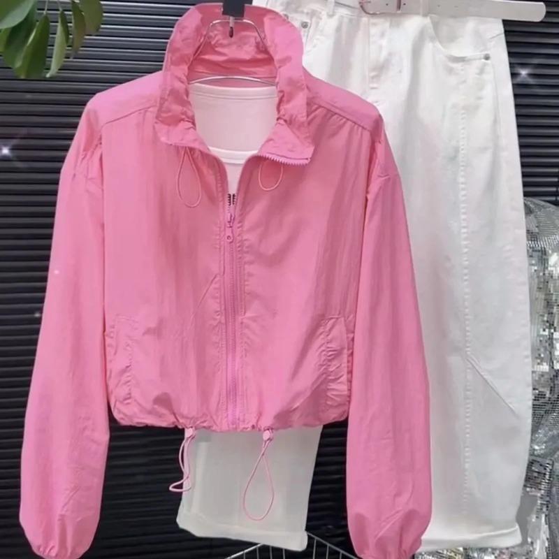 Damen Kurzarm Sonnenschutz Sommer Locker Reise Outdoor Stehkragen Mantel Damen Freizeit Unifarben Reißverschluss Mantel