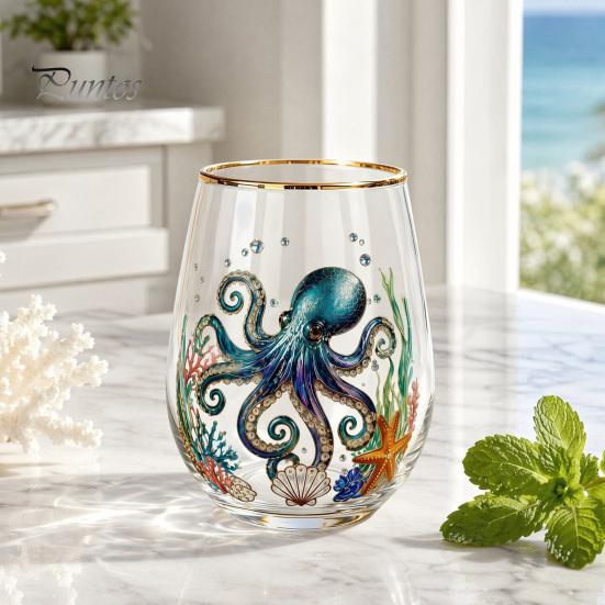 Retro Enamel Style Cup Hand Painted Glass Tumbler, Egg Shaped with Gold Rim, Clear Lead-Free Ocean Turtle Pattern Mug for Tea Coffee Wine Juice